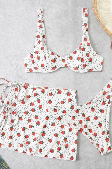 Women Strawberry Swim Dress Sexy Three Piece Split Swimsuit With Printed Triangle Bikini Swimsuit