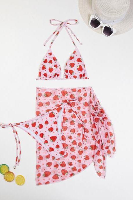 Women Strawberry Swim Dress Bikini Internet Red Gauze Skirt Three Piece Swimsuit