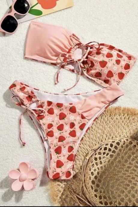 Women Strawberry Swim Dress Split Swimsuit Two-piece Set With Strawberry Print Bikini Swimsuit
