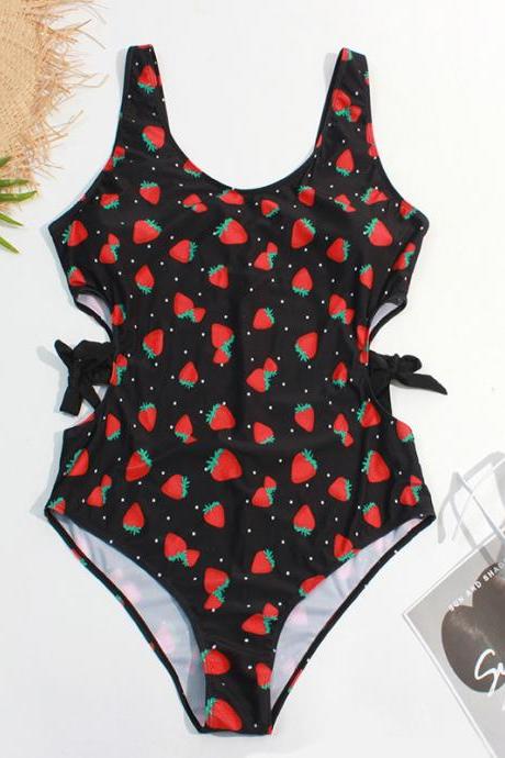 Women Strawberry Swim Dress Women's Oversized Plus Fat Jumpsuit With Printed Hollow Strap