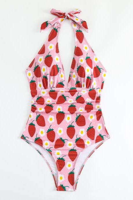 Women Strawberry Swim Dress Swimming Suit With Double Shoulder Pleats And Belly Covering Triangle Jumpsuit For Female Swimmers