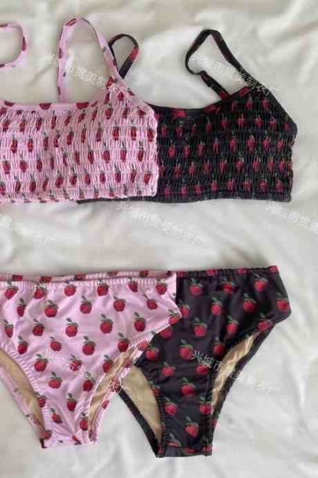 Women Strawberry Swim Dress Fruit Strapless Multi Needle High Waisted Split Swimsuit Women's Three Piece Set With Mesh Bikini