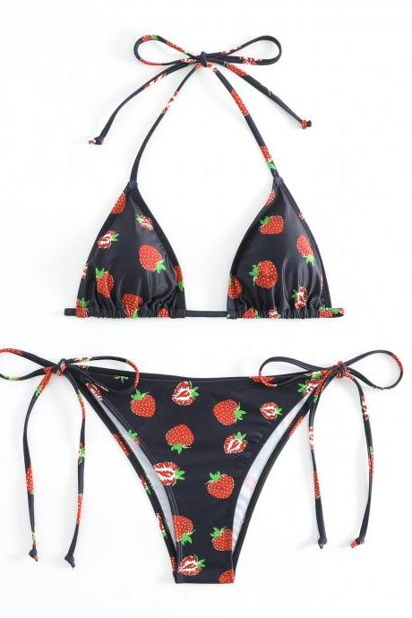 Women Strawberry Swim Dress Bikini Split Two-piece Set With Backless Straps And Triangle Pants Swimsuit