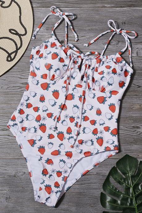 Women Strawberry Swim Dress Sexy Strawberry Printed One Piece Swimsuit Bikini