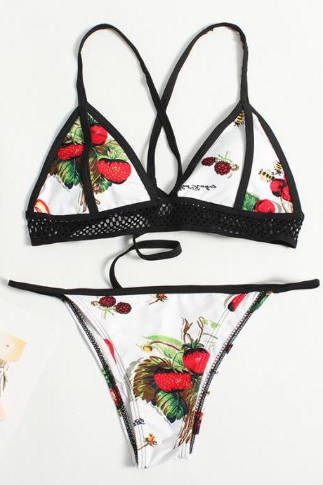Women Strawberry Swim Dress Sexy Strap Grid Strawberry Print Bikini Swimsuit
