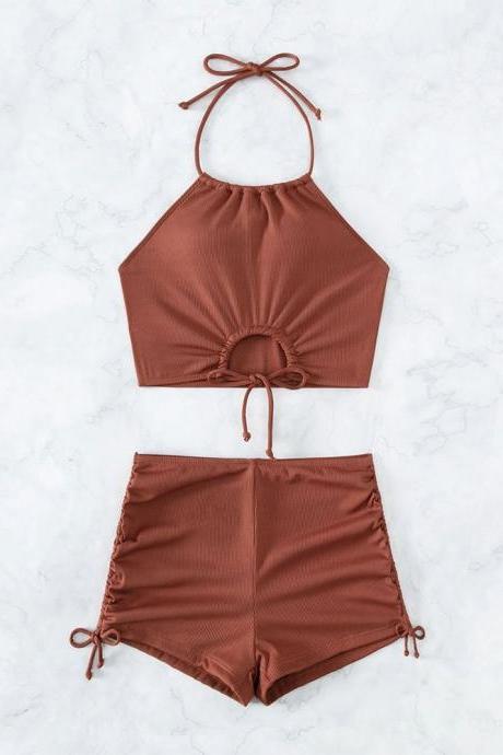 Fashionable Small Pit Stripe Sexy High Waisted Neck Drawstring Solid Color Bikini