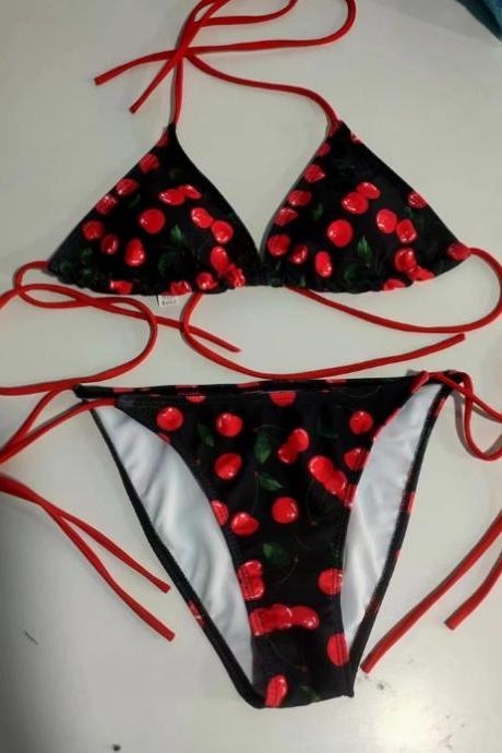 Bikini Red Sexy Three Point Lace Up Cherry Print Small Fresh And Cute