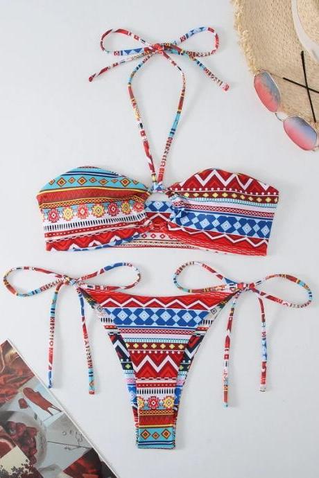 Tribal Print Halter Neck Bikini Swimwear Two-piece Set