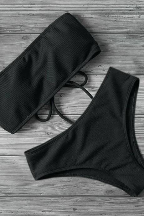 Womens Ribbed Black Two-piece Bikini Swimwear Set
