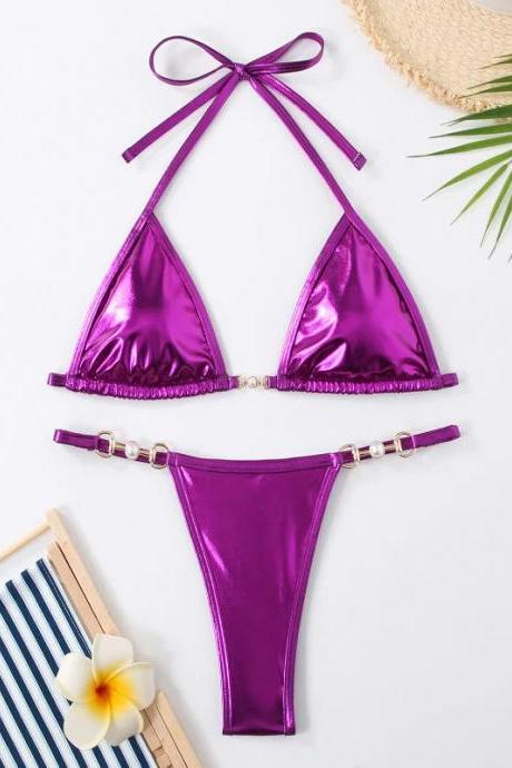 Womens Metallic Purple Bikini Set With Bead Accents