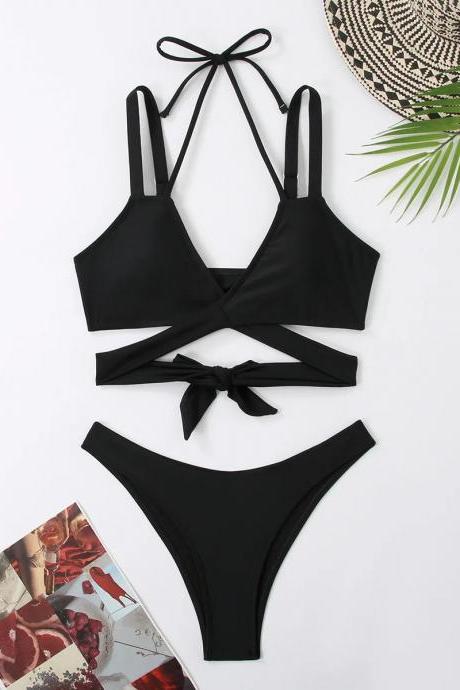 Womens Black Tie-front Two-piece Bikini Swimwear Set