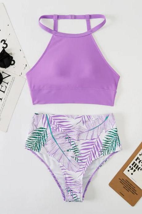 Womens Tropical High-waisted Bikini Set Swimwear