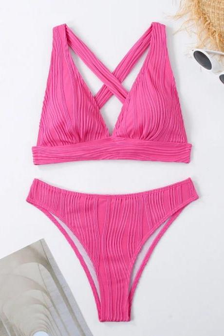 Womens Pink Textured Cross-front Bikini Set Swimwear