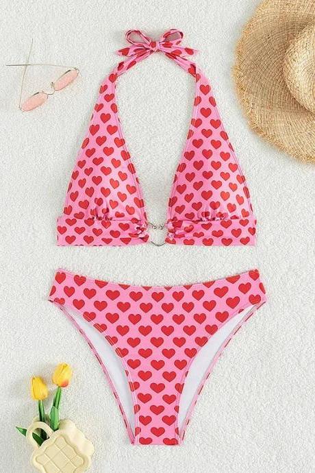 Womens Pink Heart Print Halter Neck Bikini Set
