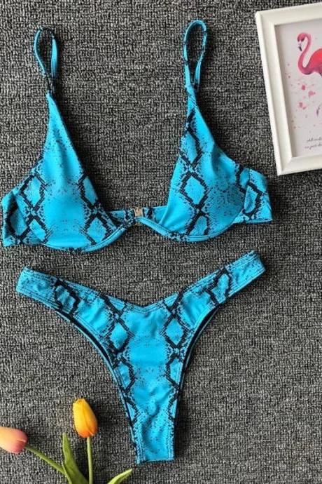 Womens Snake Print Bikini Set Adjustable Straps Swimwear