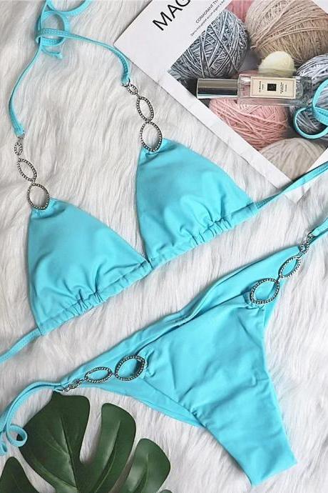 Womens Turquoise Triangle Bikini Set With Metal Accents