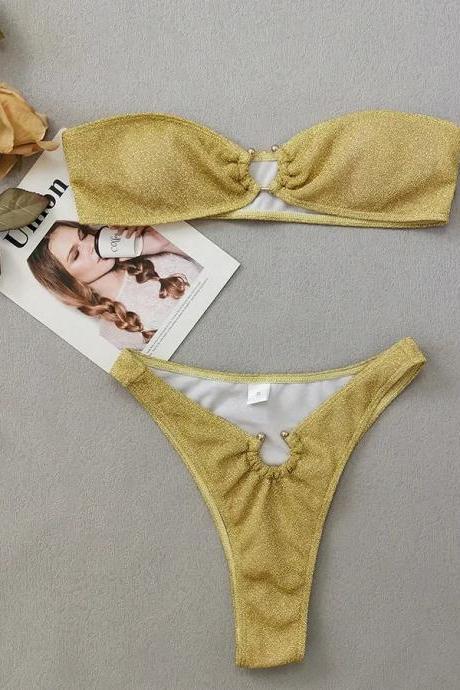 Shimmering Gold Knot Front Bikini Swimwear Set