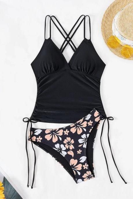 Womens Floral Bottom Tankini Two-piece Swimsuit Set