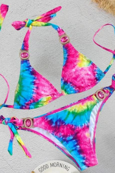 Womens Vibrant Tie-dye Bikini Set With Beads Detail