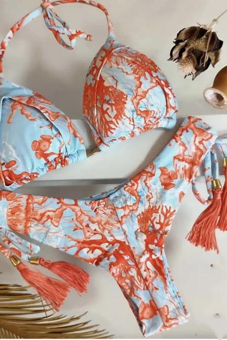 Womens Oceanic Coral Print Tassel Bikini Swimwear Set