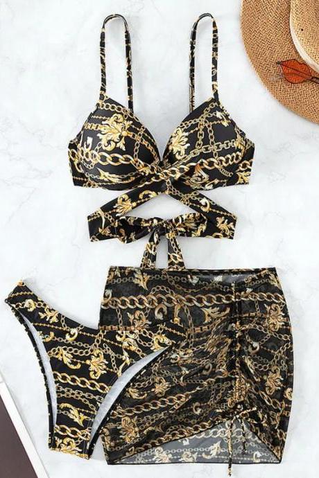 Designer Chain Print High-waisted Bikini Swimsuit Set