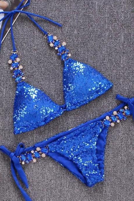 Womens Sparkling Blue Sequin Bikini Swimwear Set