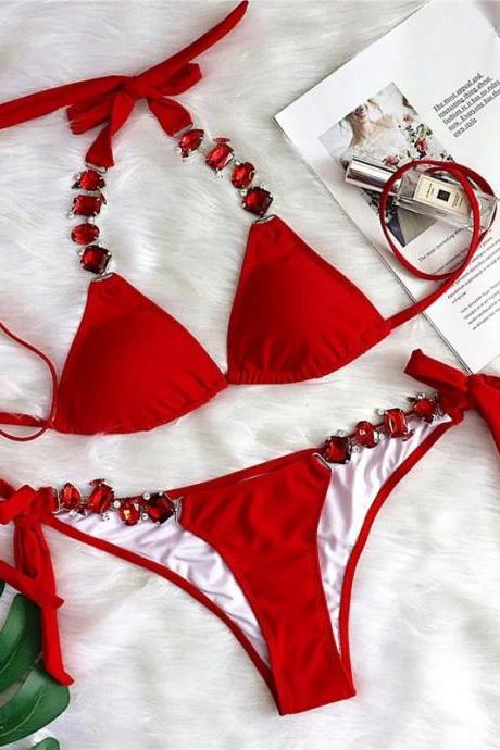 Red Crystal Embellished Two-piece Bikini Swimwear Set