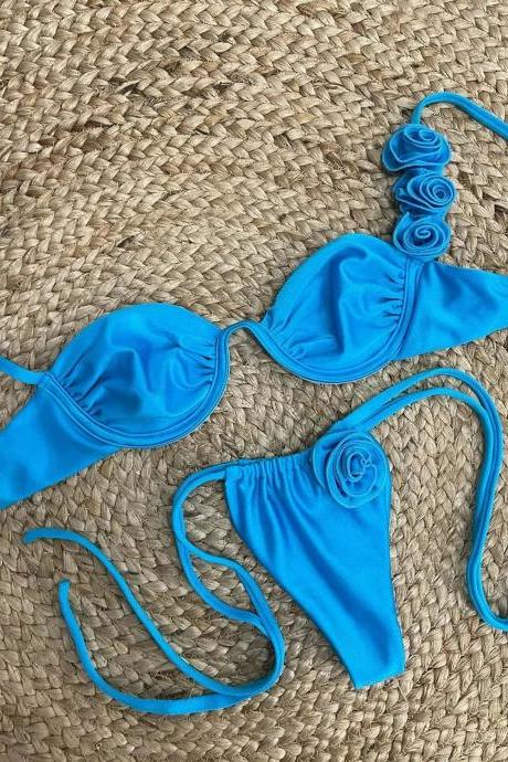 Womens Blue Ruffled Two-piece Bikini Swimwear Set