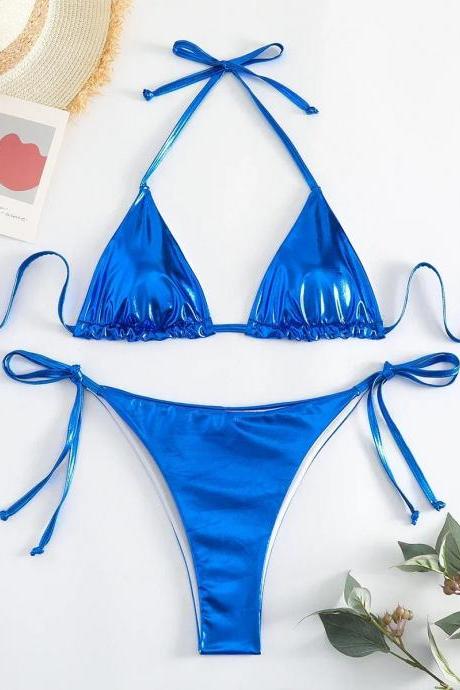 Womens Satin Blue Bikini Set With Tie Closures