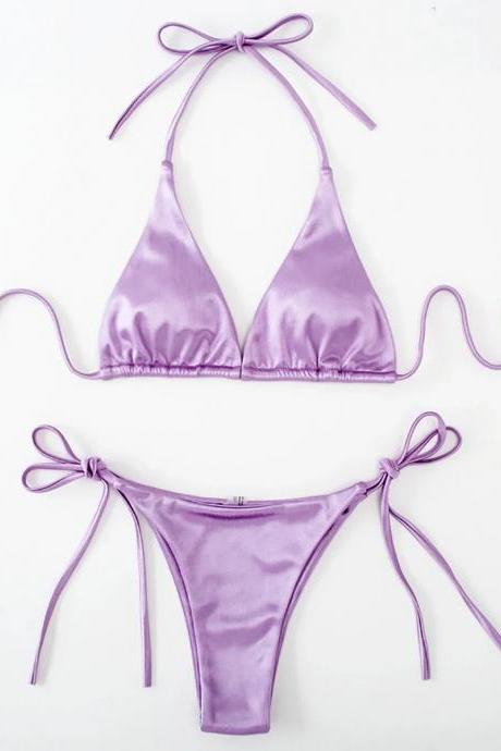 Womens Satin Tie Side Bikini Set In Lavender