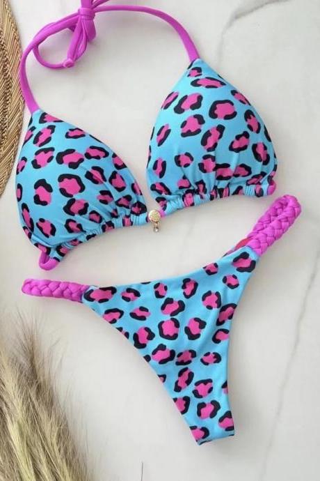 Womens Blue Pink Leopard Print Bikini Swimwear Set