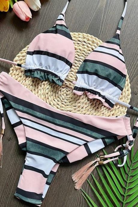 Womens Striped Bikini Set With Tassel Accents Swimwear