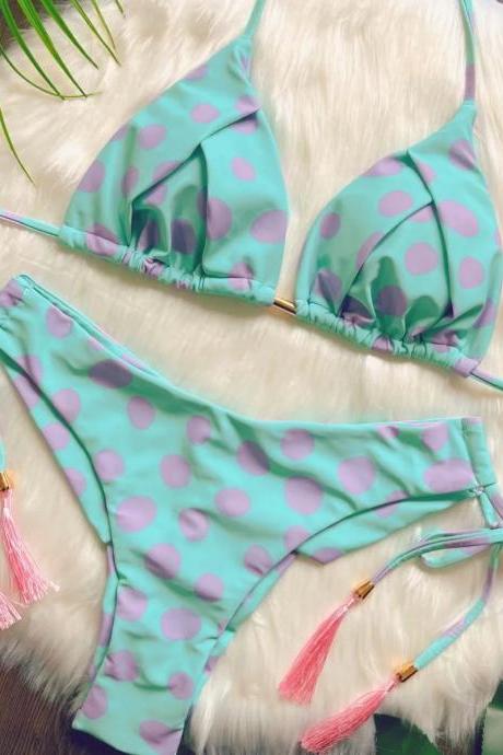 Womens Polka Dot Bikini Set With Tassel Accents