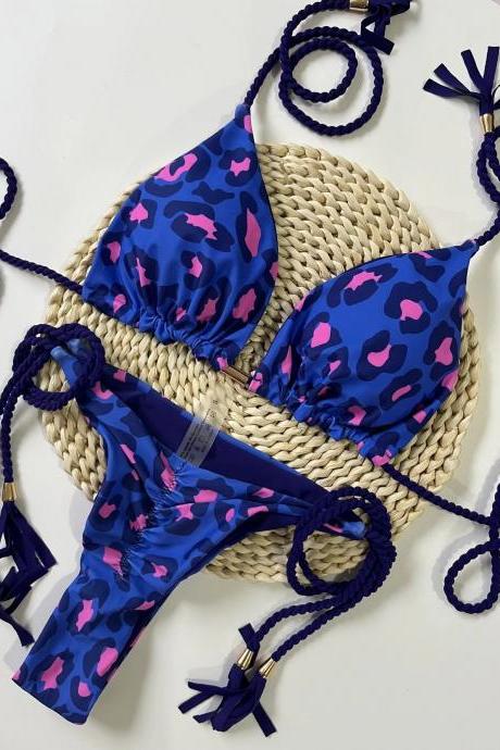 Womens Blue Leopard Print Bikini Set With Tassels
