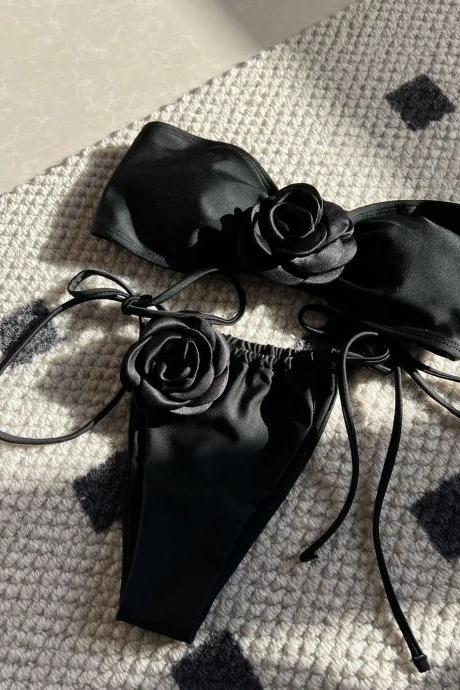 Elegant Black Satin Rose Bikini Swimsuit Set