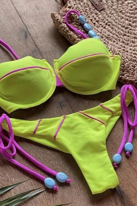 Womens Neon Yellow Bikini Set With Beaded Ties
