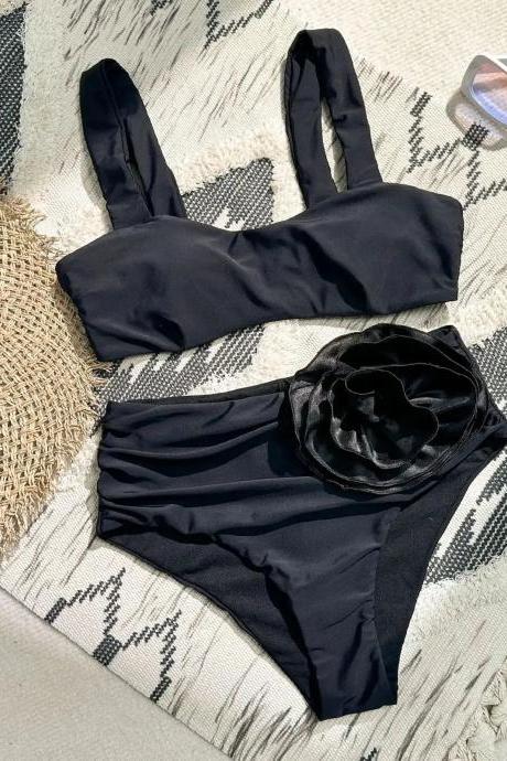 Elegant Black Bandeau Bikini Set With Ruched Detail
