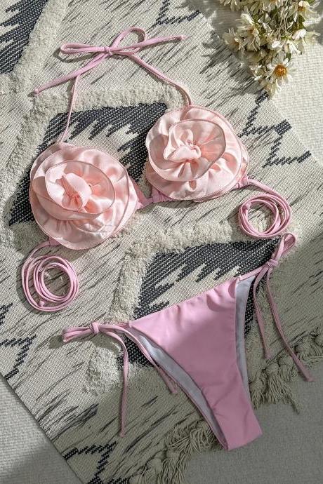 Womens Floral Applique Pink Bikini Swimwear Set