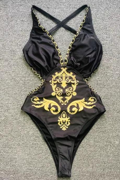 Elegant Black Gold Chain Accented One-piece Swimsuit