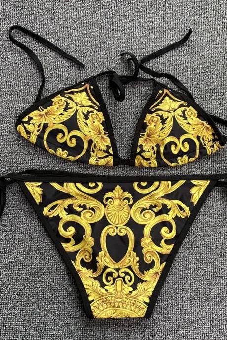 Womens Baroque Print Tie-side Bikini Swimwear Set