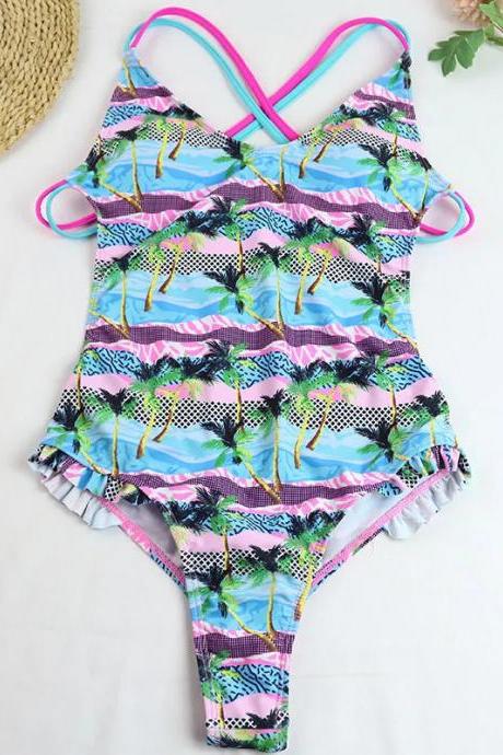 Girls Tropical Print Ruffled One-piece Swimsuit Swimwear