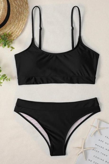 Womens Black Bikini Set With Adjustable Straps Swimwear