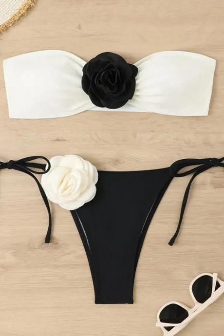 Womens Floral Accent Bikini Set With Tie Side Bottoms