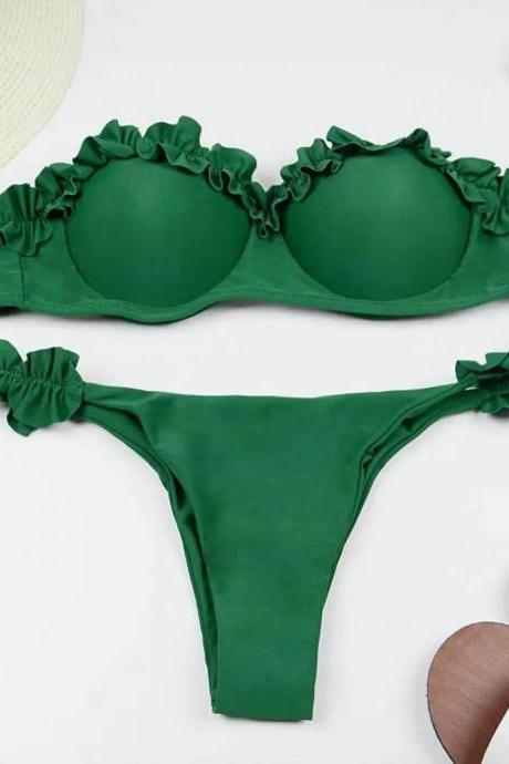 Womens Ruffled Green Bikini Set High-waisted Swimwear