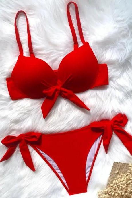 Red Bow Accent Bikini Set Womens Swimwear Beachwear