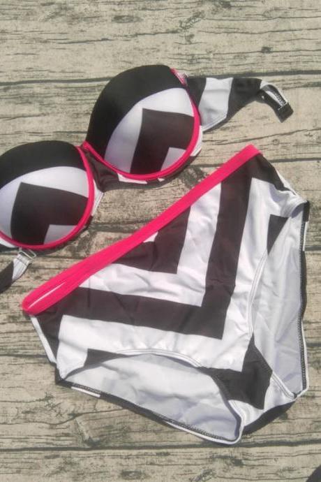 Womens Two-piece Color Block Swimsuit With Pink Accents