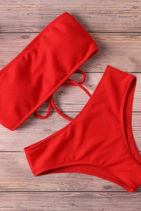 Womens High-waisted Ribbed Red Bikini Swimwear Set