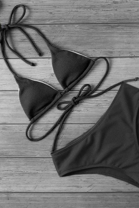 Womens Ribbed Black Bikini Set High Waist Swimsuit