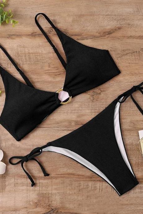 Womens Textured Ring-front Bikini Set With Tie Sides