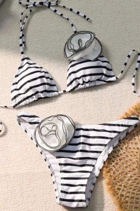 Womens Striped Halter Neck Bikini Set With O-ring Detail